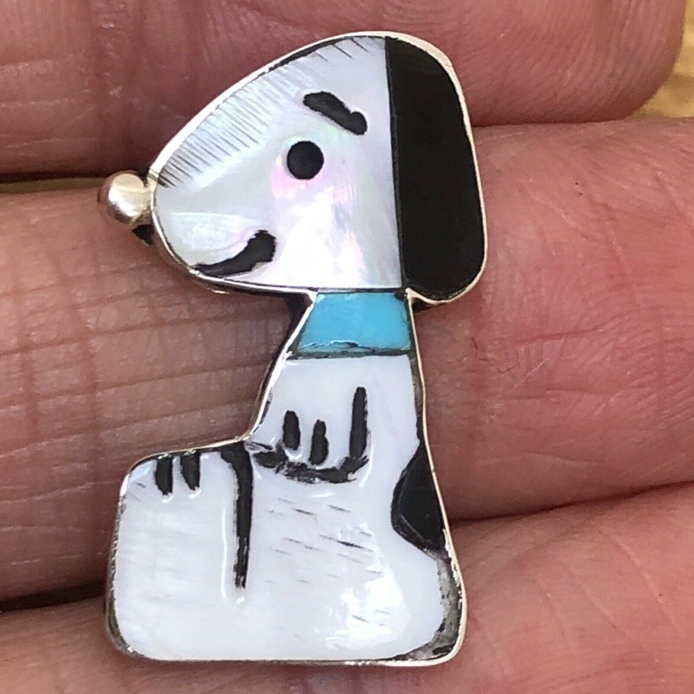 Zuni Snoopy Pendant‎ Turquoise Collar 1" Inlay Silver Signed Peanuts Dog Small
